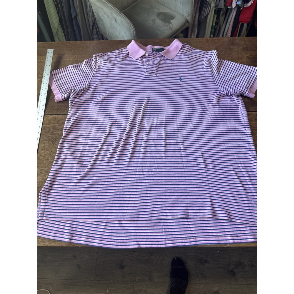 Polo Ralph Lauren Polo Mens XXL Pink Blue White Stripe ShortSleeve Pony  Vintage